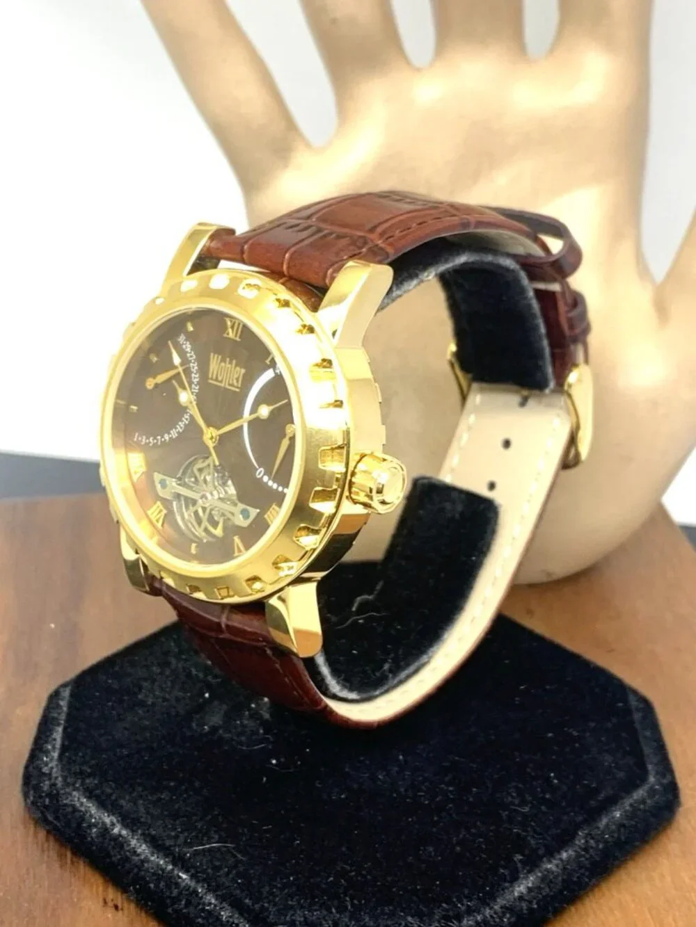 Wohler Men's Watch Automatic Gold Tone Case Brown Dial Leather Strap 42mm